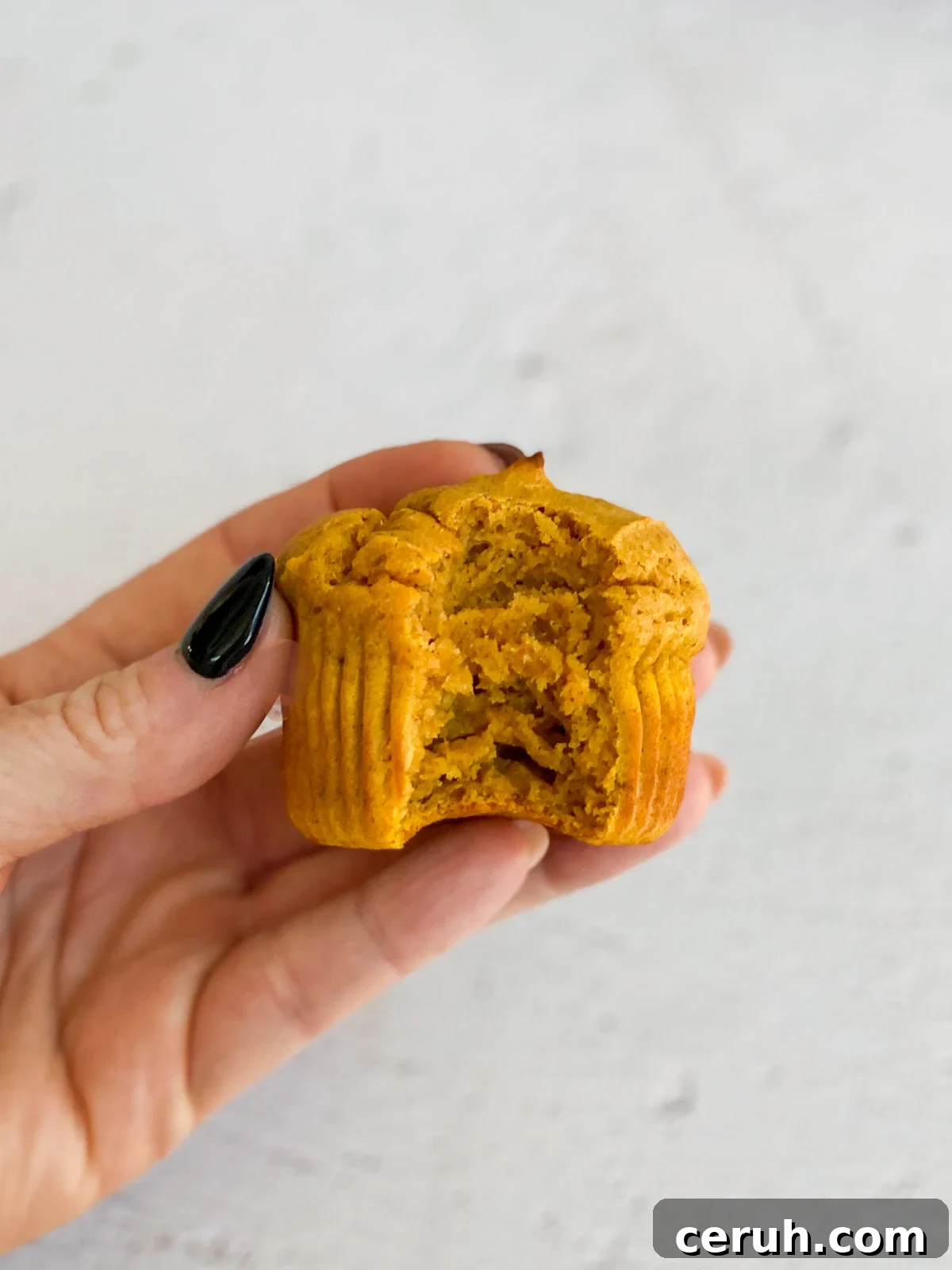 a hand holding a single muffin with a bite missing to show the soft texture inside.