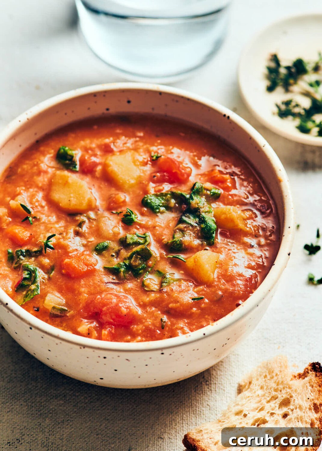Close up bowl of vegan red lentil soup on a white linen table