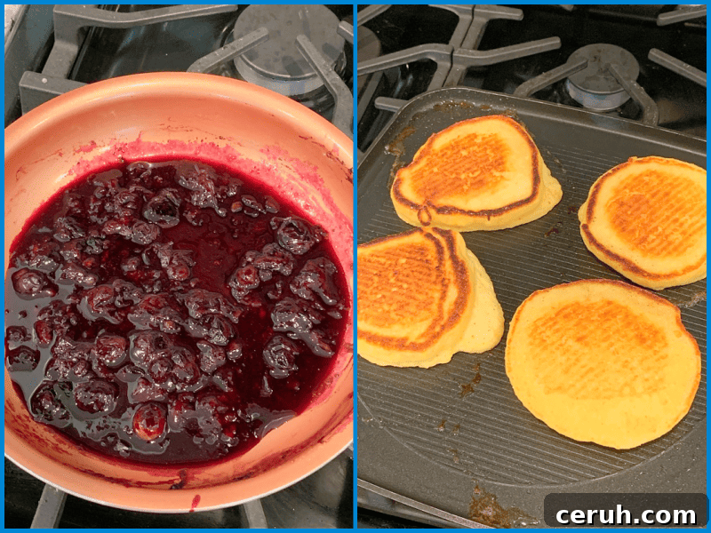 Blueberries in a topping mix, plus grill marks on each pancake.