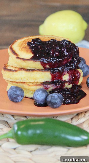 Hearty breakfast featuring blueberries and jalapeño peppers in a sweet and spicy topping.