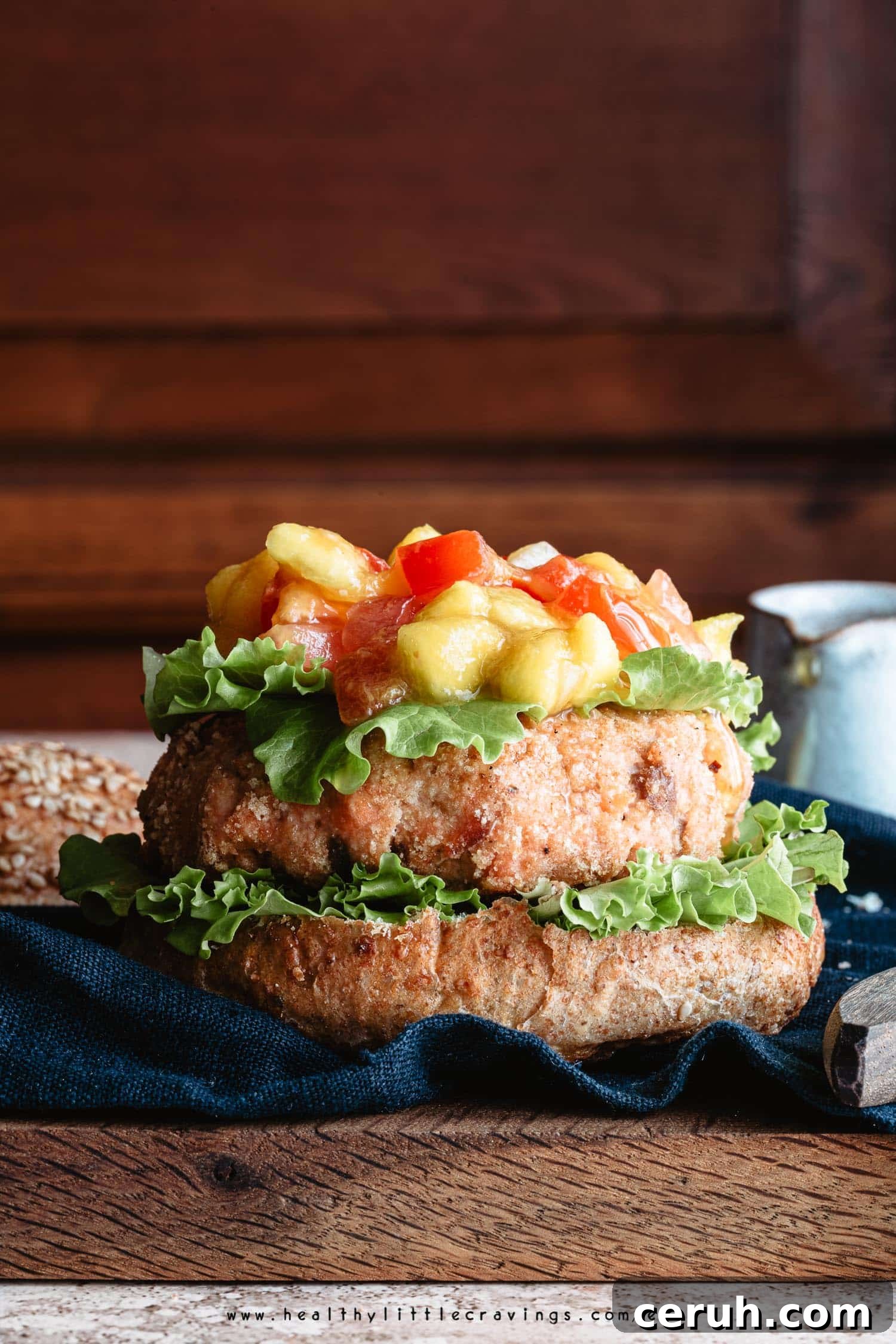 Mango salsa on salmon burger