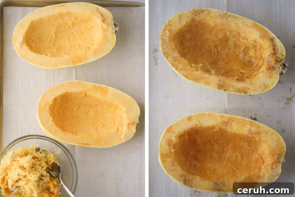 Carving out the insides of the squash.
