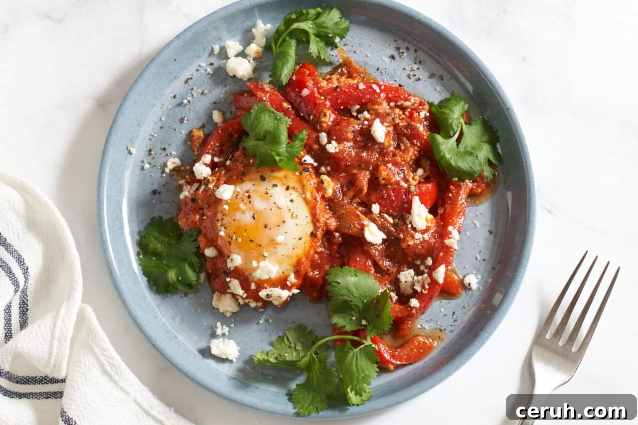 A portion of shakshuka with feta and cilantro on a blue plate. A fork is on the right, a blue and white striped towel is on the left.